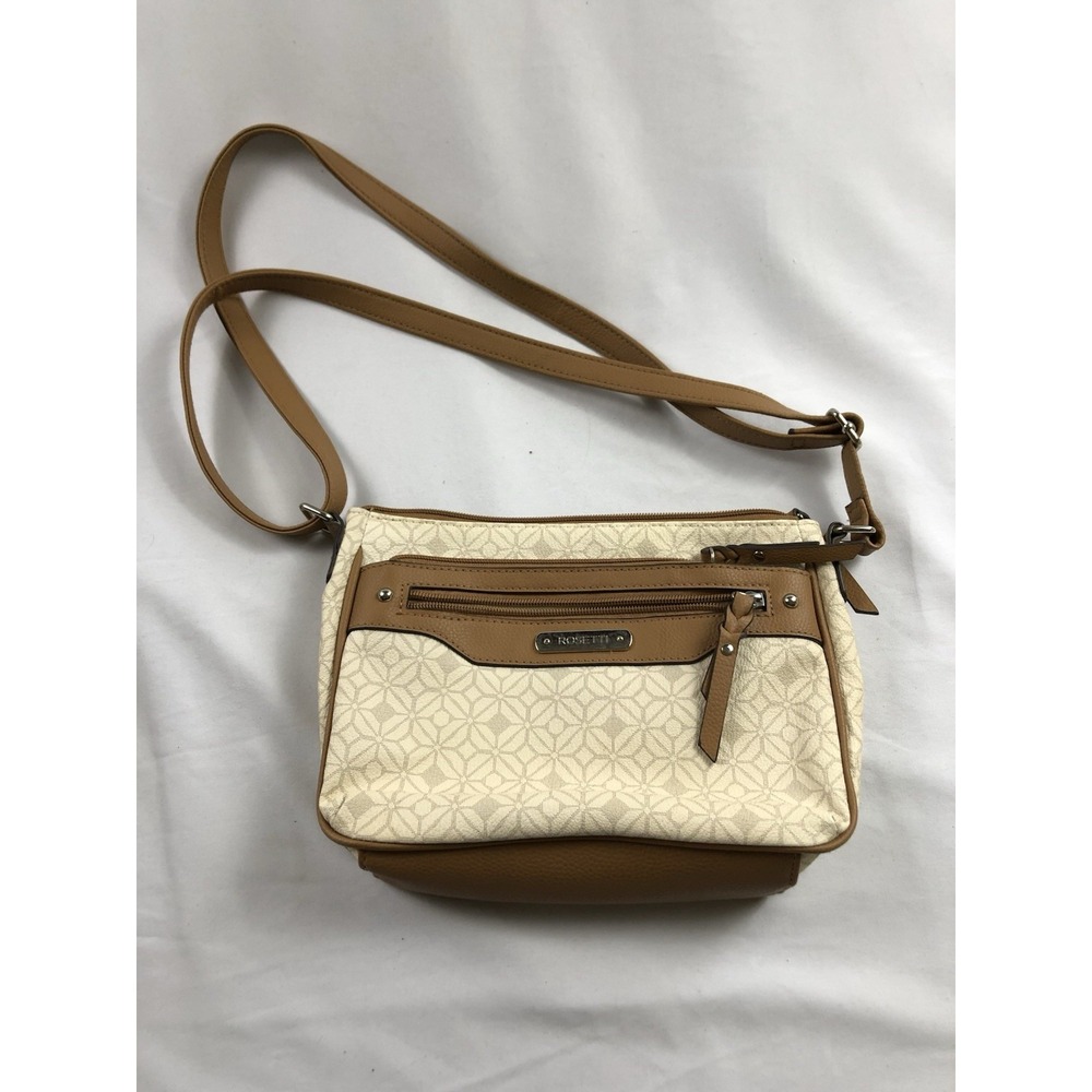 Rosetti Signature Print Crossbody Purse Beige Tan Faux Leather Adjustable Bag